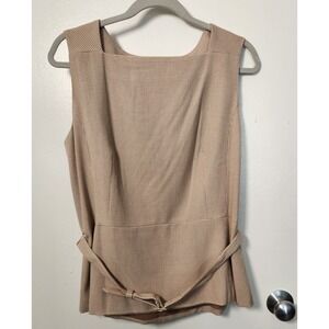 Ann Taylor Women's Sz 12 Beige Herringbone Sleeveless Top Back‎ Zip Belt Lined